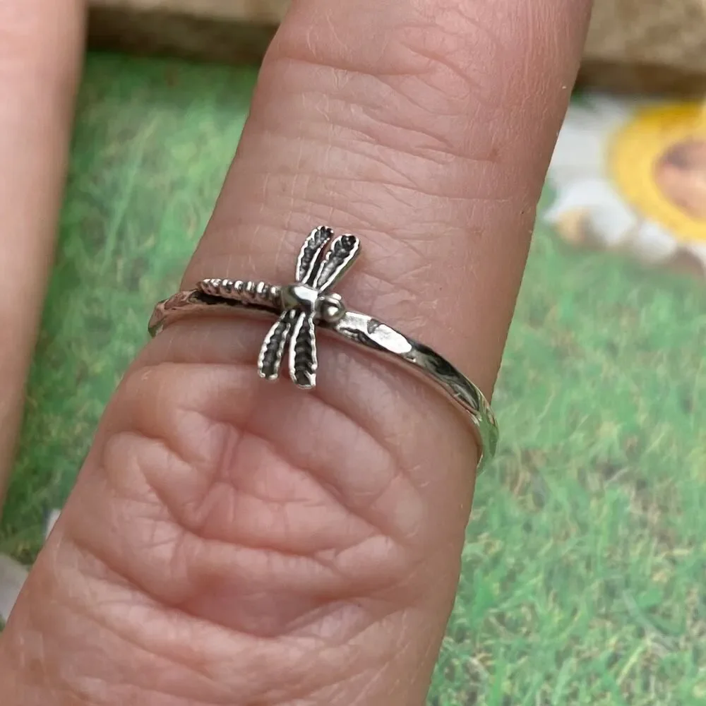 Sterling Silver Dainty Sideway Dragonfly Ring, Insect Ring